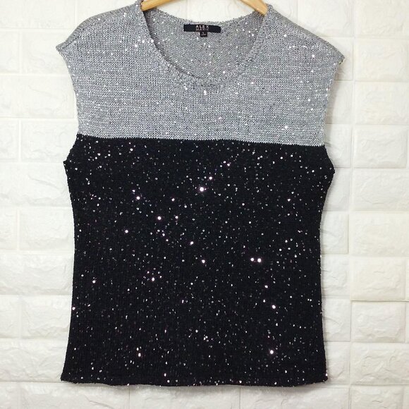Alex Marie Knit Sweater Vest Lady-L Metallic Sequins Black Silver Gray Colorbloc - Picture 2 of 8